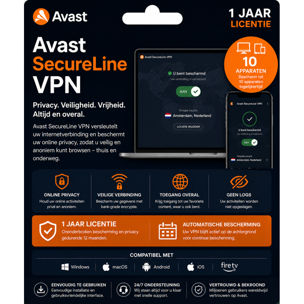 Avast SecureLine VPN – 10 Apparaten – 1 Jaar Licentie – Veilig & Privé Internet – Wereldwijd