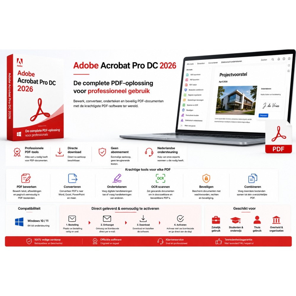 Adobe Acrobat Pro 2026 DC Licentie – Direct in je mailbox – 1 PC – Zonder abonnement