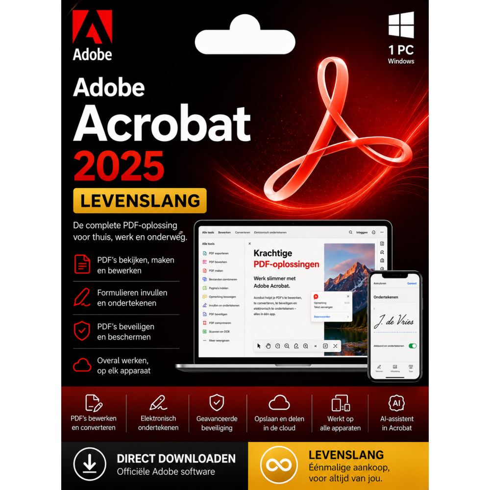 Adobe Acrobat 2025 Pro DC Licentie – Direct in je mailbox – 1 PC – Zonder abonnement