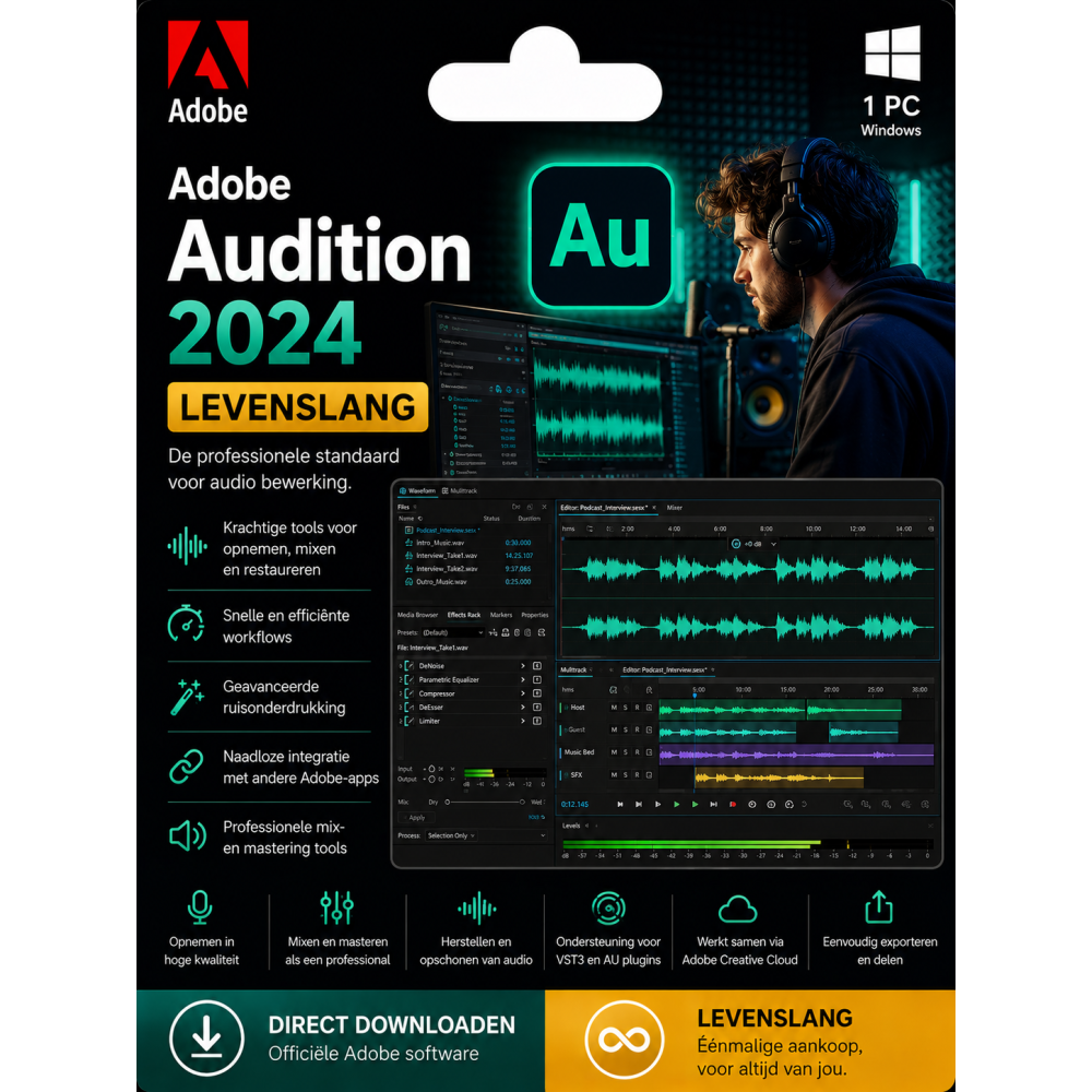 Adobe Audition 2024 – Direct in je mailbox – 1 PC – Zonder abonnement
