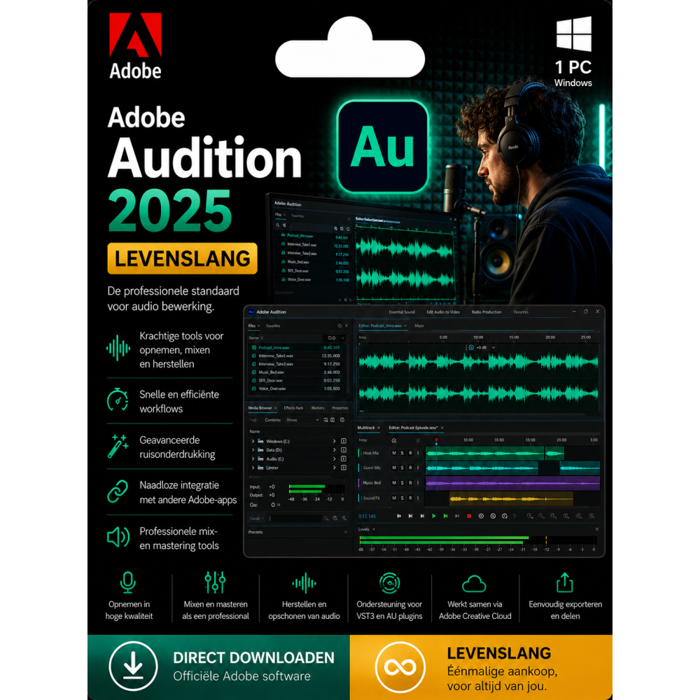Adobe Audition 2025 – Direct in je mailbox – 1 PC – Zonder abonnement