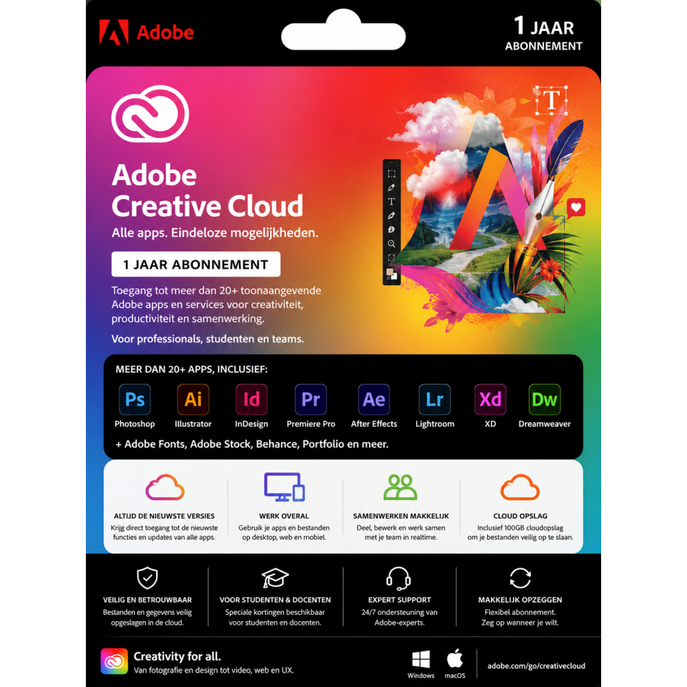Adobe Creative Cloud All Apps 1 Jaar Abonnement – 1 Licentie | Direct geleverd per e-mail