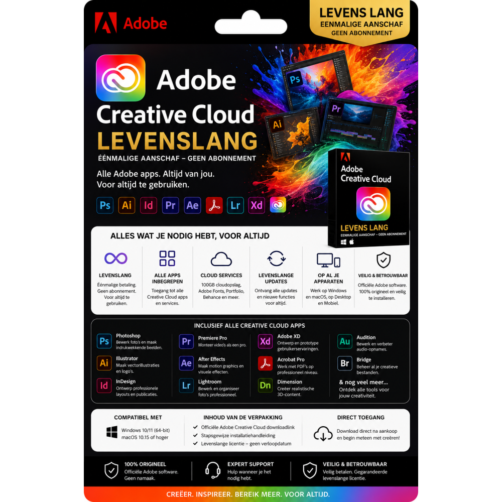 Adobe Creative Cloud – Direct in je mailbox – 1 PC – Zonder abonnement