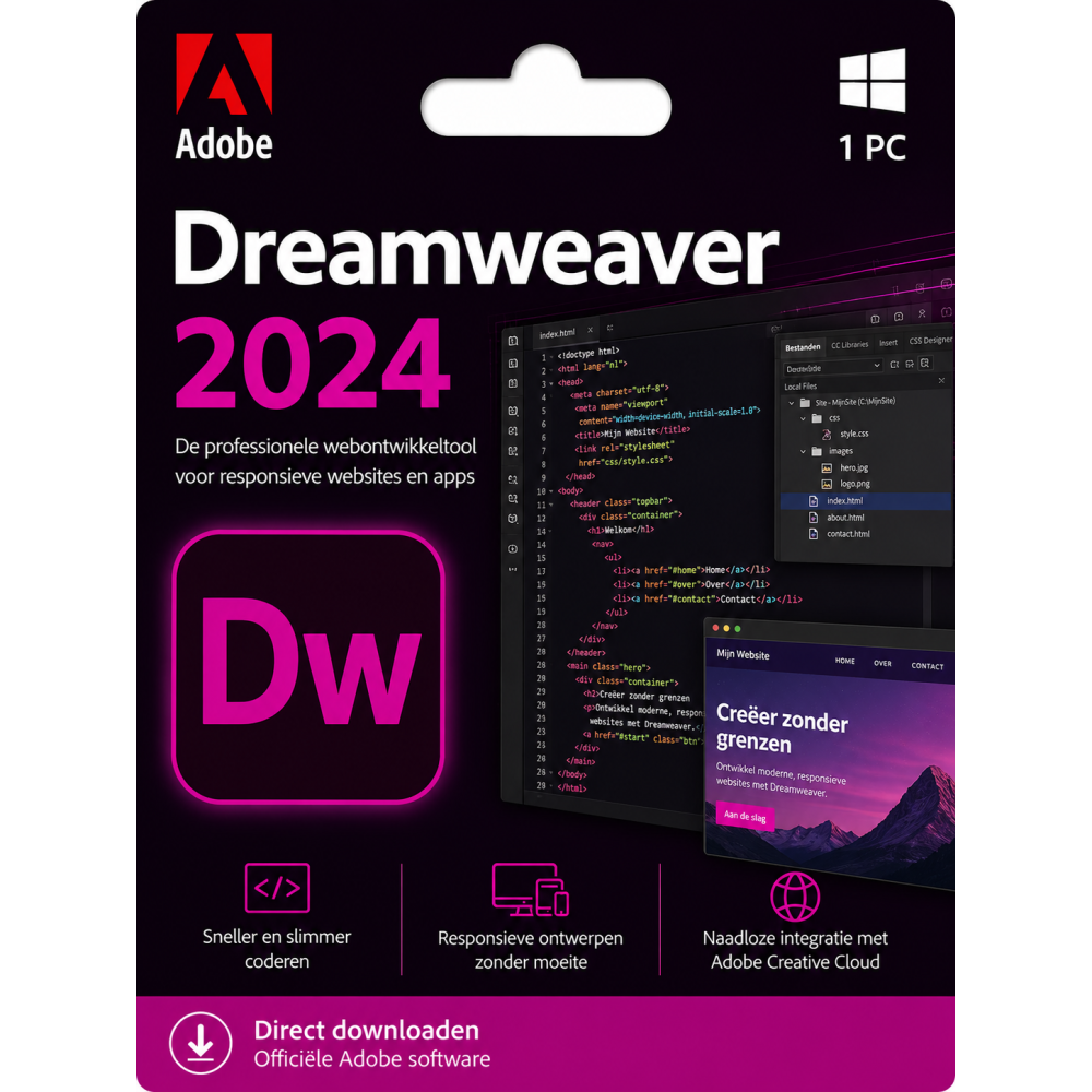 Adobe Dreamweaver 2024 – Direct in je mailbox – 1 PC – Zonder abonnement
