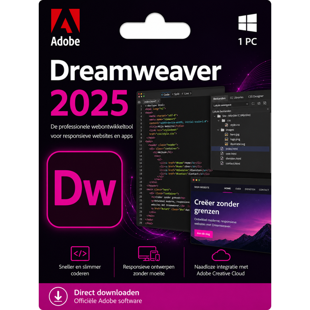 Adobe Dreamweaver 2025 – Direct in je mailbox – 1 PC – Zonder abonnement