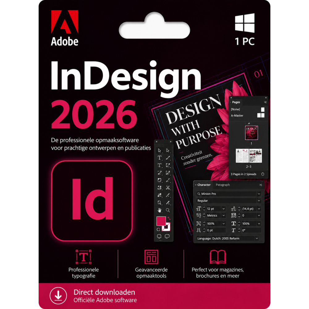 Adobe InDesign 2026 – Direct in je mailbox – 1 PC – Zonder abonnement