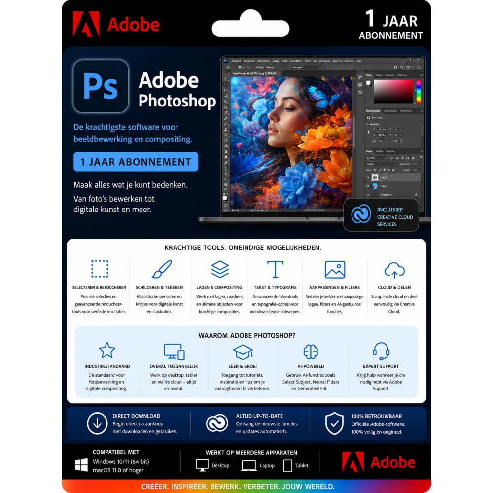 Adobe Photoshop 1 Jaar Abonnement – 1 Licentie | Direct geleverd per e-mail