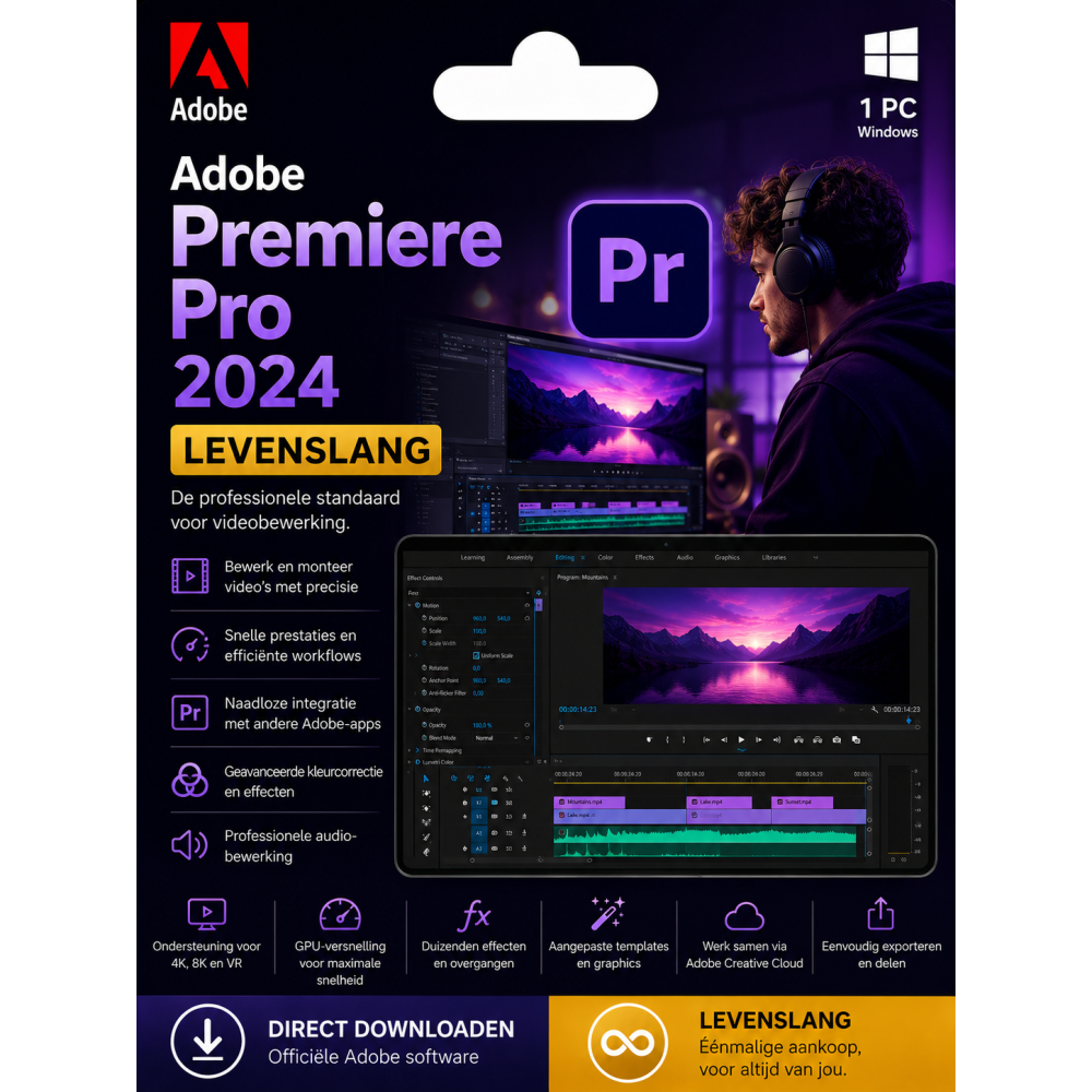 Adobe Premiere Pro 2024 – Direct in je mailbox – 1  PC – Zonder abonnement 