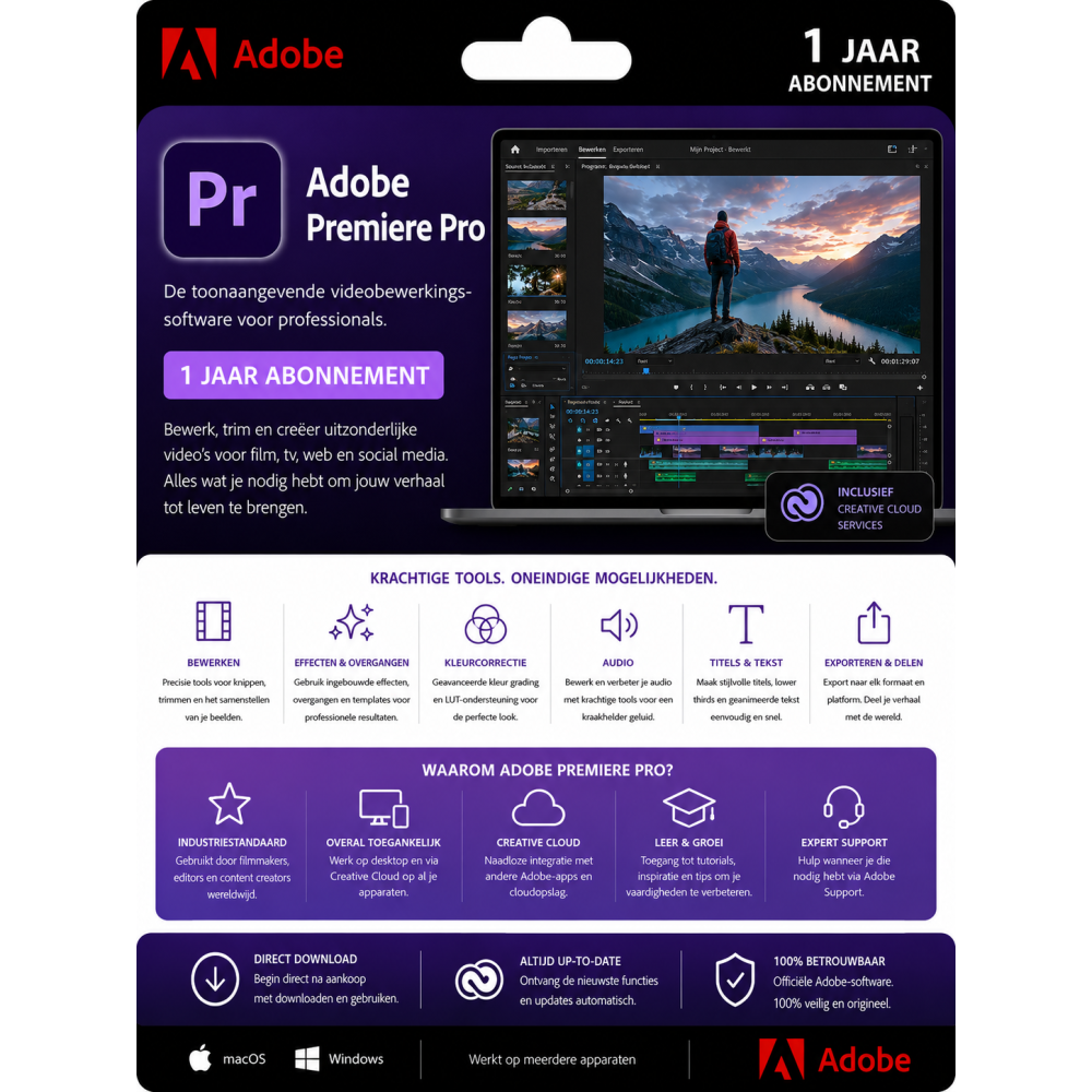 Adobe Premiere Pro 1 Jaar Abonnement – 1 Licentie | Direct geleverd per e-mail
