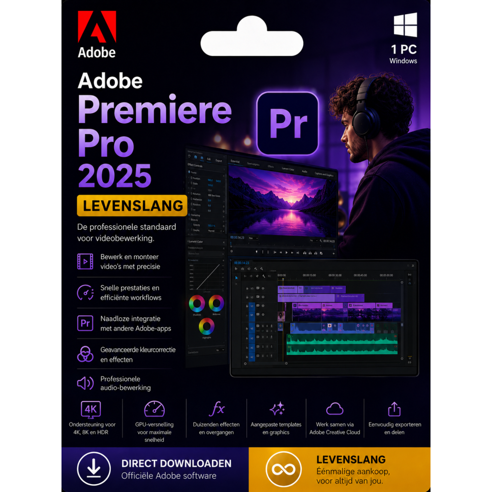 Adobe Premiere Pro 2025 – Direct in je mailbox – 1  PC/MAC – Zonder abonnement 