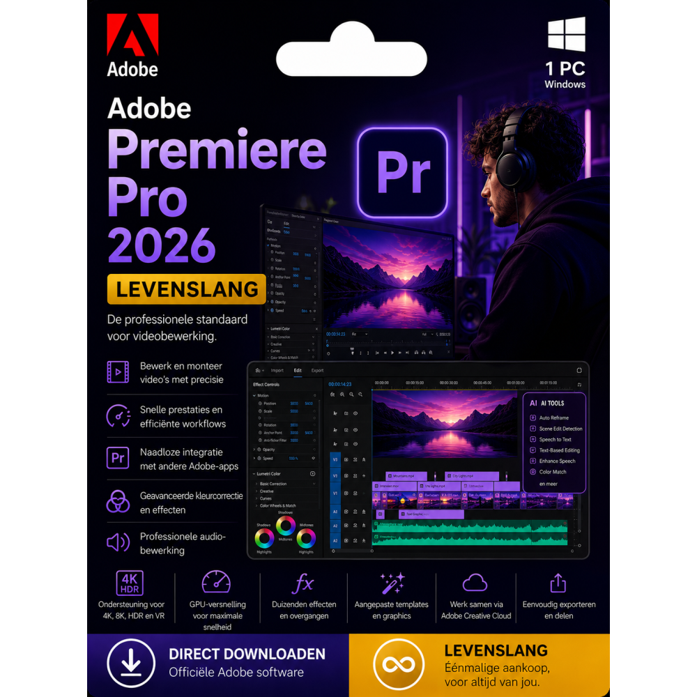 Adobe Premiere Pro 2026 – Direct in je mailbox – 1  PC/MAC – Zonder abonnement 