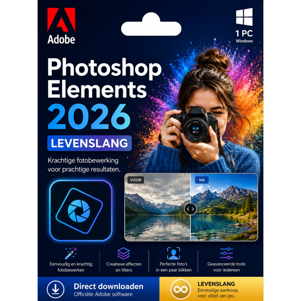Adobe Photoshop Elements 2026 – Direct in je mailbox – 1  PC – Zonder abonnement 