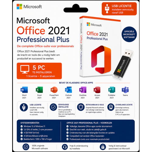Microsoft Office 2021 Professional Plus | USB Licentie 5PC
