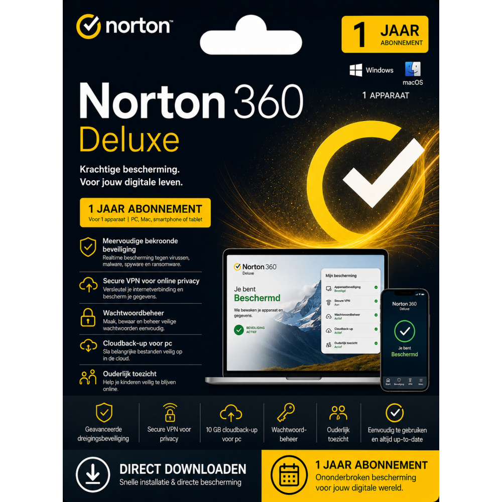 Norton 360 Deluxe – 1 Jaar Abonnement | Windows & MacOs