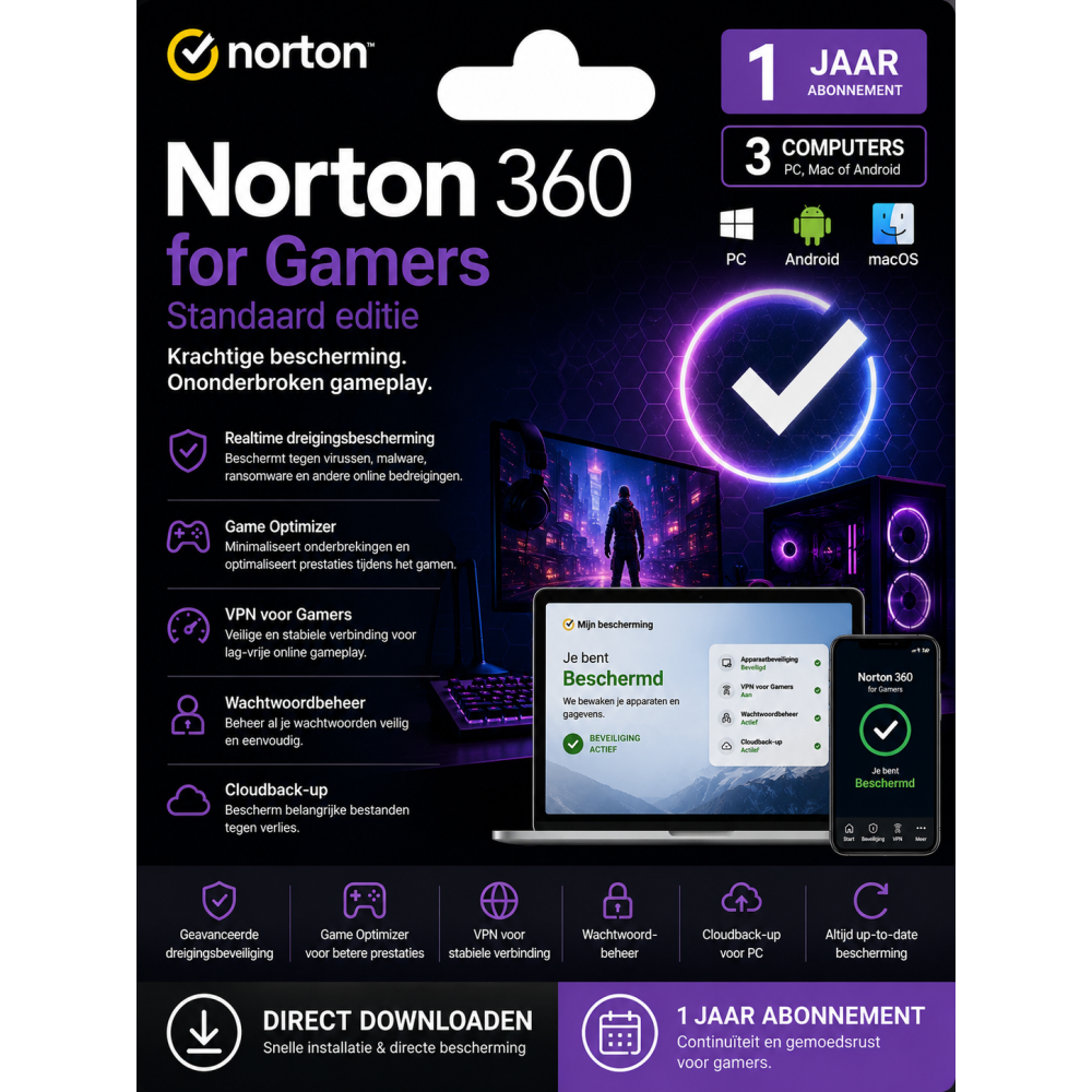 Norton 360 for Gamers – Standaard Editie PC-Android-MacOS 1 jaar Abonnement