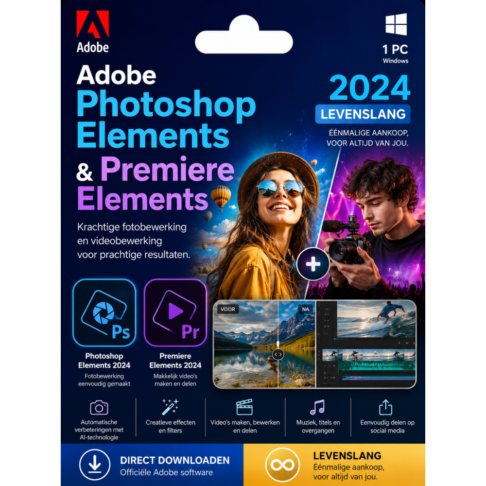 Adobe Photoshop Elements & Premiere Elements 2024 – Direct in je mailbox – 1  PC – Zonder abonnement 