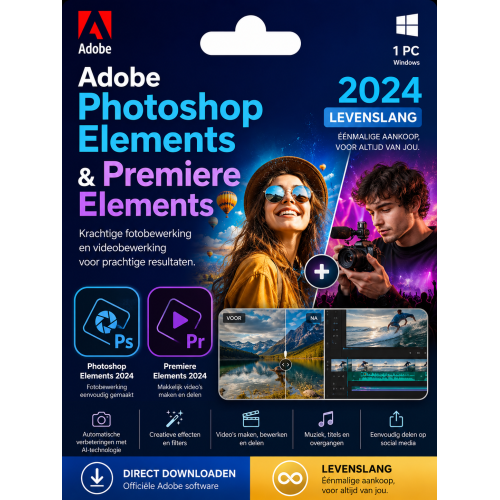 Adobe Photoshop Elements & Premiere Elements 2024 – Direct in je mailbox – 1  PC – Zonder abonnement 