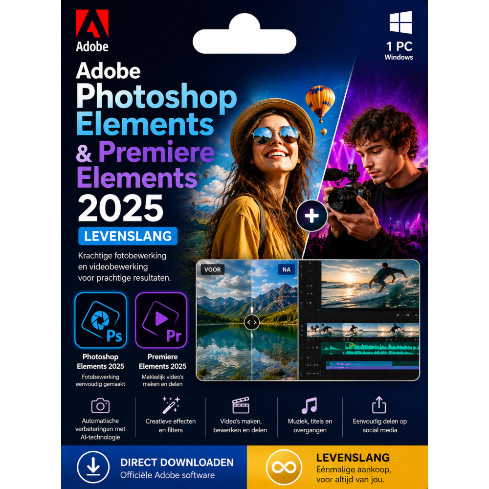 Adobe Photoshop Elements 2025 & Premiere Elements 2025 – Direct in je mailbox – 1  PC – Zonder abonnement 