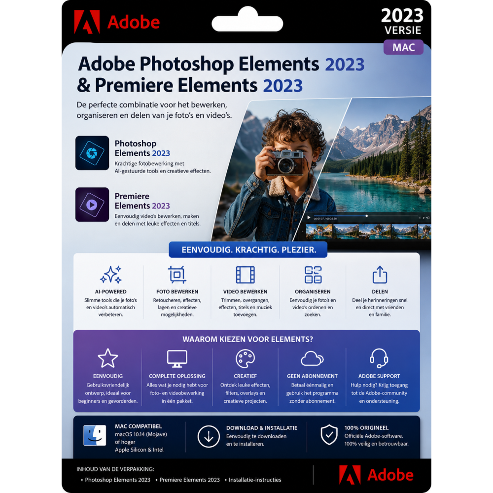 Adobe Photoshop Elements & Premiere Elements 2023 – Direct in je mailbox – 1  Mac – Zonder abonnement 