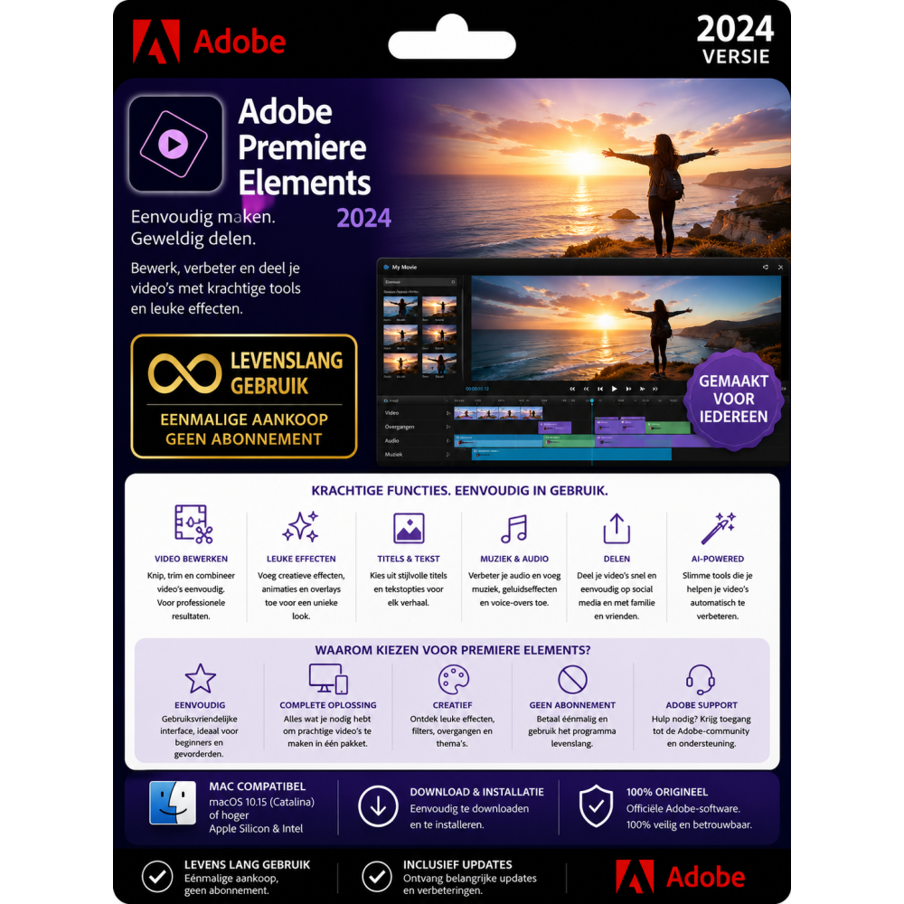 Adobe Premiere Elements 2024 – Direct in je mailbox – 1  PC – Zonder abonnement 
