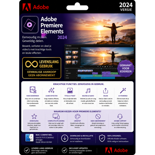 Adobe Premiere Elements 2024 – Direct in je mailbox – 1  PC – Zonder abonnement 